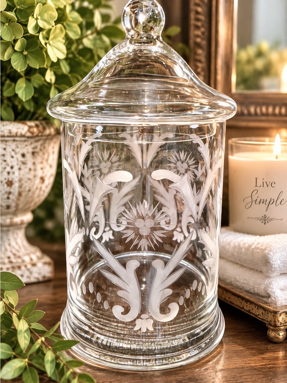 Etched Glass Apothecary Jar - Clear